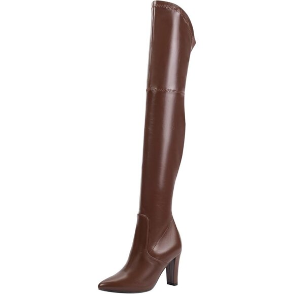 Women Pu Brown Suede Thigh High Over The Knee Chunky Heel Pointed Toe Boots - Picture 1 of 2